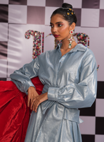 Load image into Gallery viewer, LONG BLUE METALLIC DENIM DRESS