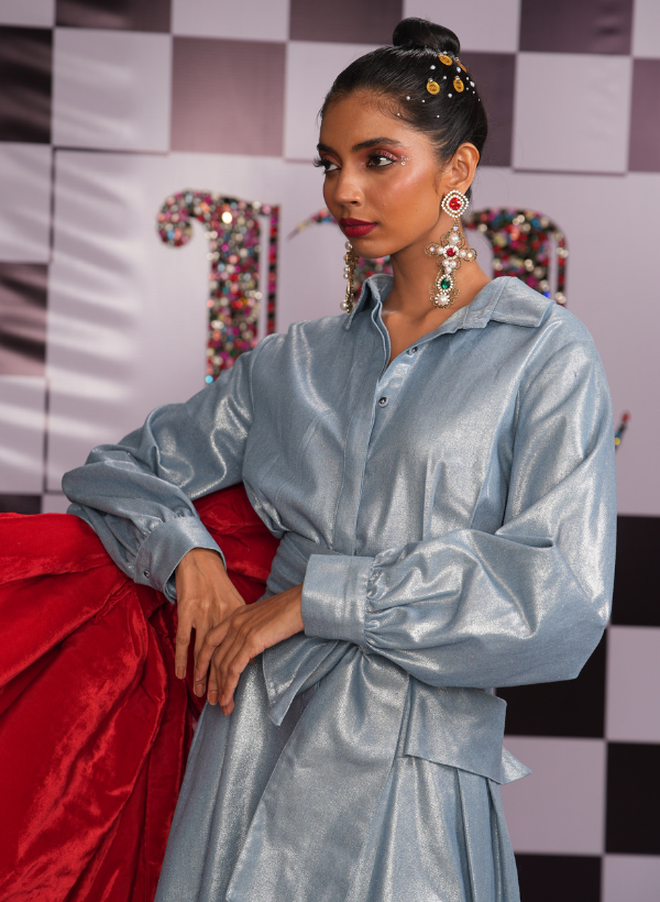 LONG BLUE METALLIC DENIM DRESS