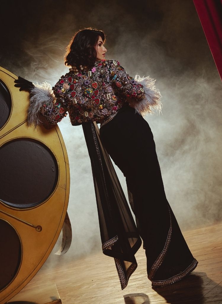 Black Brocade Corset & Embellished Jacket with Sari – Sari