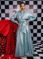 Load image into Gallery viewer, LONG BLUE METALLIC DENIM DRESS
