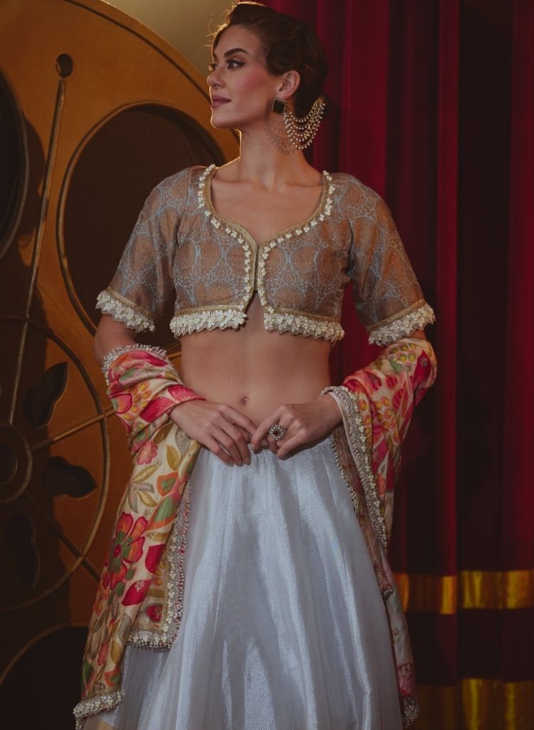 Metallic Lehenga Set with Floral Dupatta