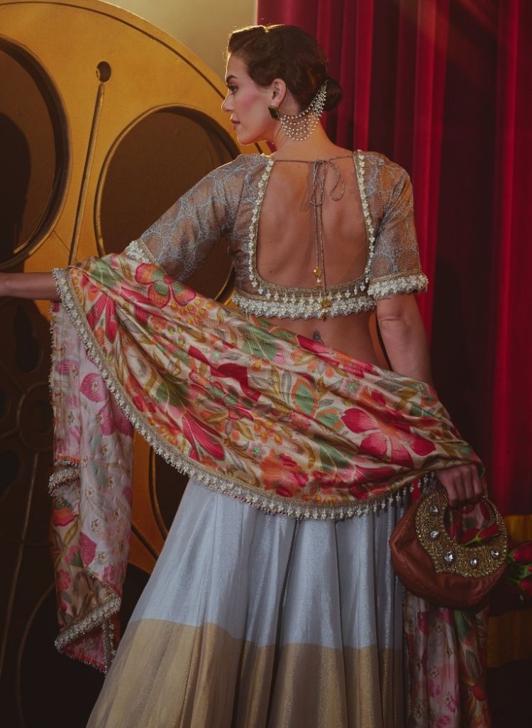 Metallic Lehenga Set with Floral Dupatta