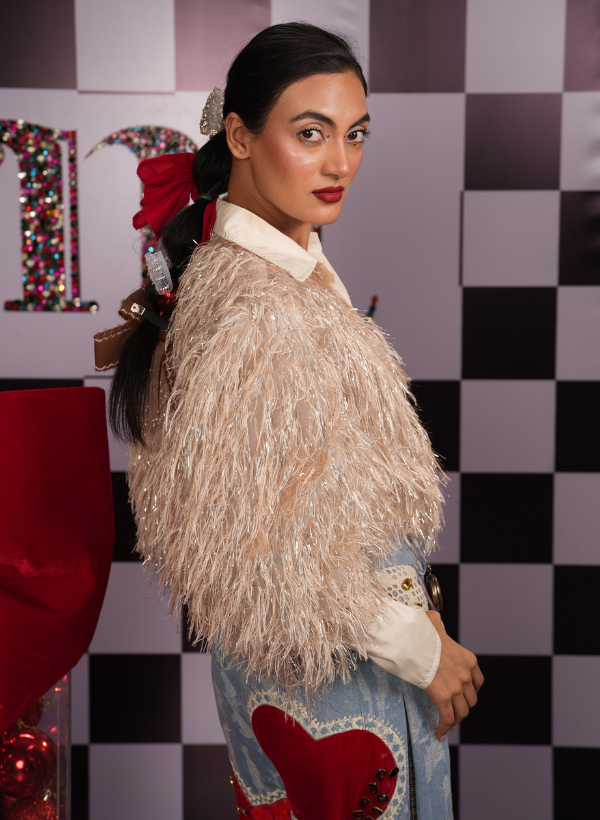 METALLIC THREAD  SHIRT PAIRED WITH BLUE FLARE SWAROVSKI HEART JEANS