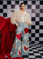 Load image into Gallery viewer, METALLIC THREAD  SHIRT PAIRED WITH BLUE FLARE SWAROVSKI HEART JEANS