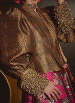 Load image into Gallery viewer, Stone Grey Blazer with Hot-Pink Jacquard Skirt – Jacket