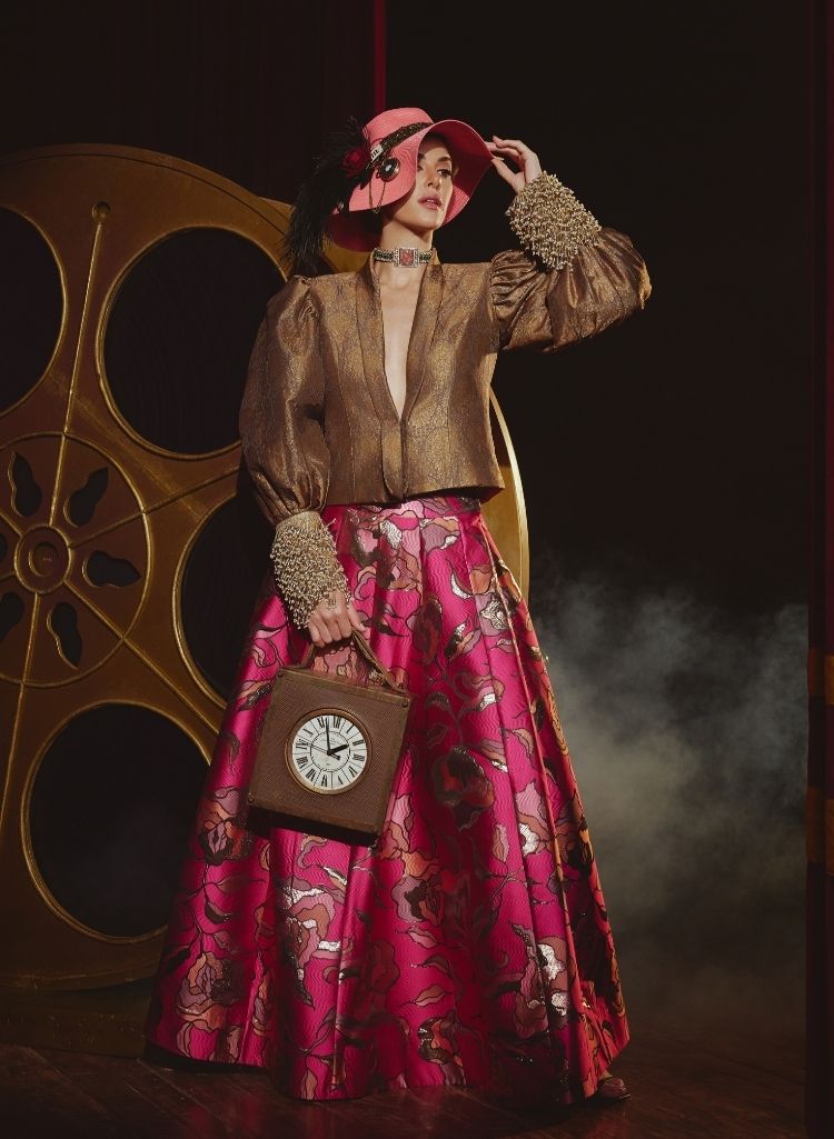 Stone Grey Blazer with Hot-Pink Jacquard Skirt – Skirt