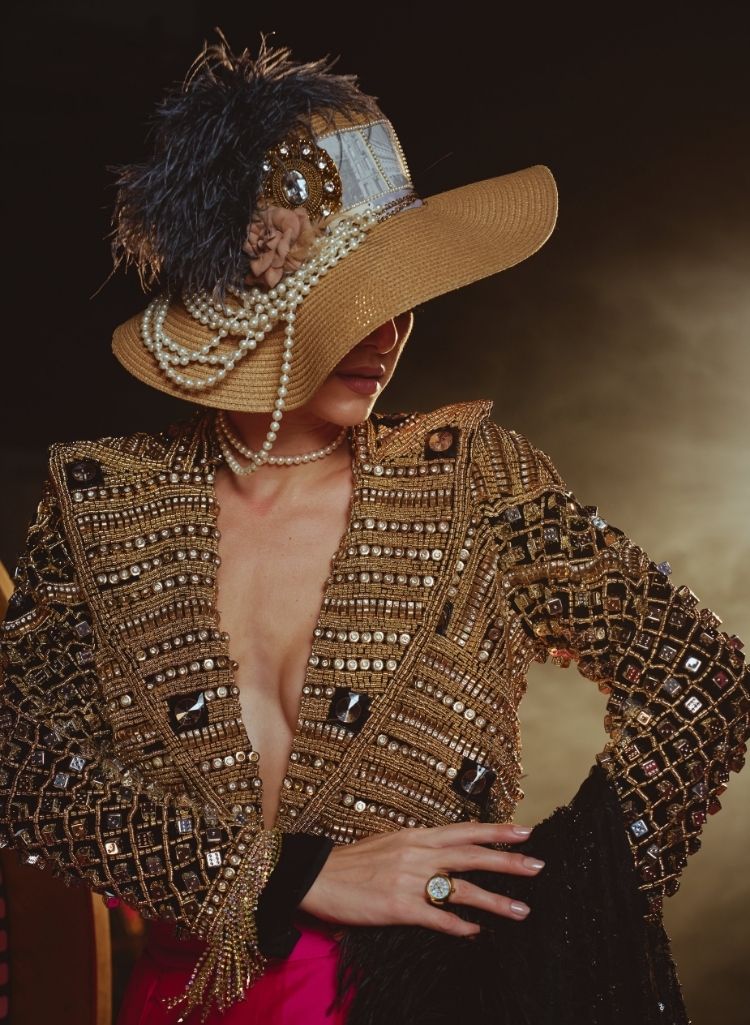 Black & Gold Embellished Dice Jacket with Taffeta Skirt – Jacket