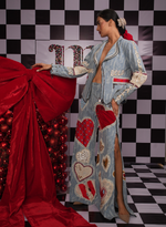 Load image into Gallery viewer, DISTRESSED DENIM DOUBLE ZIPPER JACKET WITH SWAROVSKI EMBELLISHMENTS