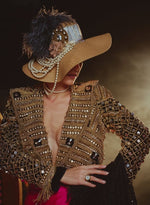 Load image into Gallery viewer, Black &amp; Gold Embellished Dice Jacket with Taffeta Skirt