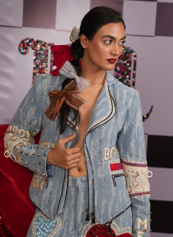 DISTRESSED DENIM DOUBLE ZIPPER JACKET WITH SWAROVSKI EMBELLISHMENTS