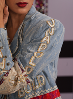 Load image into Gallery viewer, DISTRESSED DENIM DOUBLE ZIPPER JACKET WITH SWAROVSKI EMBELLISHMENTS
