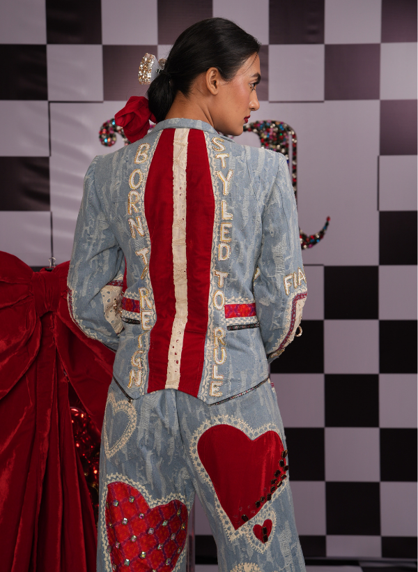 DISTRESSED DENIM DOUBLE ZIPPER JACKET WITH SWAROVSKI EMBELLISHMENTS