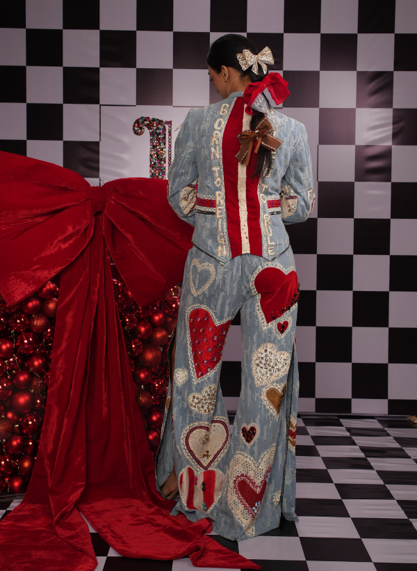 DISTRESSED DENIM DOUBLE ZIPPER JACKET WITH SWAROVSKI EMBELLISHMENTS