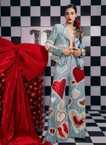 Load image into Gallery viewer, DISTRESSED DENIM DOUBLE ZIPPER JACKET WITH SWAROVSKI EMBELLISHMENTS