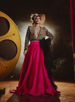 Load image into Gallery viewer, Black &amp; Gold Embellished Dice Jacket with Taffeta Skirt – Shawl