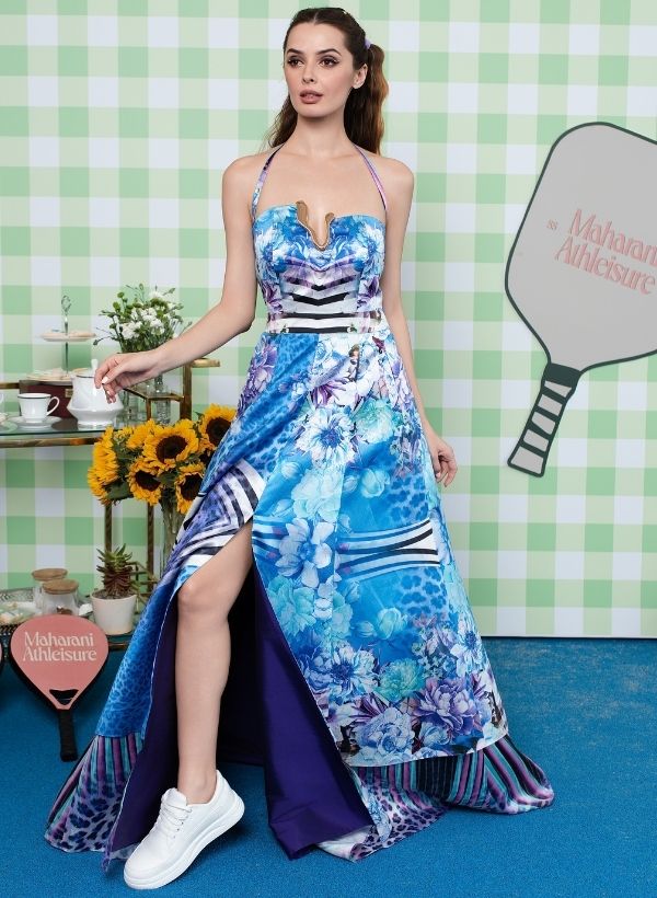 BLUE FRENCH ORGANZA HAND PAINTED LONG DRESS
