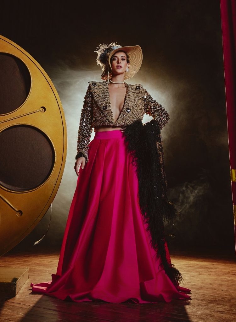 Black & Gold Embellished Dice Jacket with Taffeta Skirt – Skirt