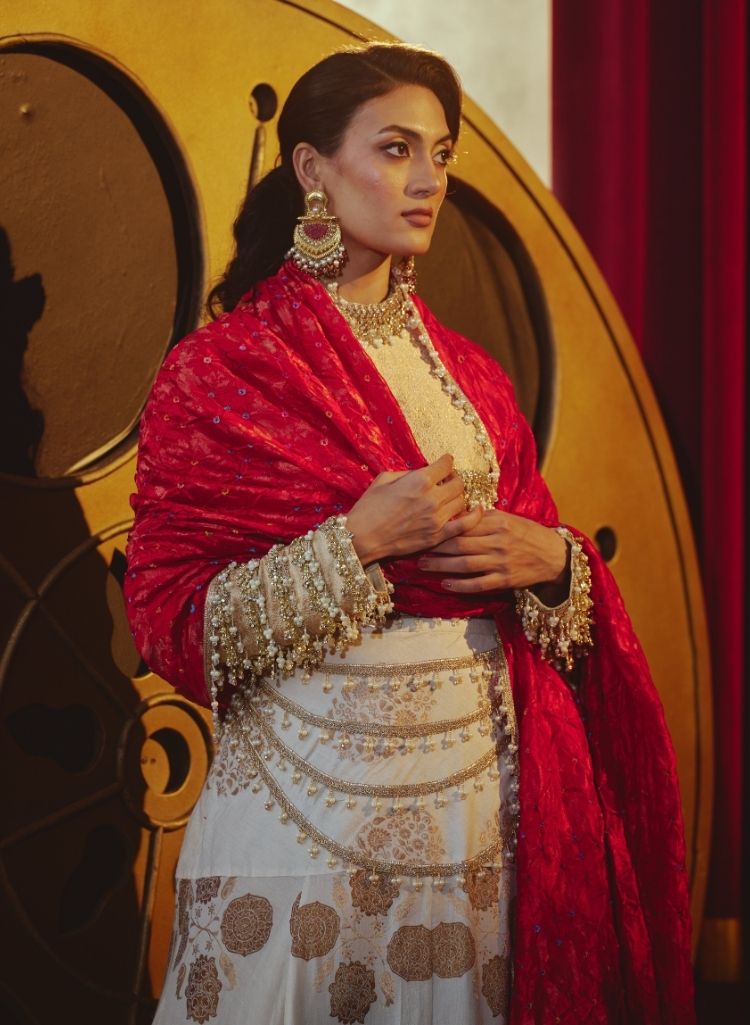 Jewel Finish Gold Brocade Lehenga Set