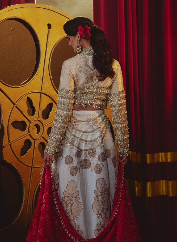 Jewel Finish Gold Brocade Lehenga Set