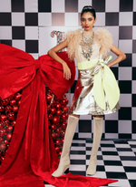 Load image into Gallery viewer, BEIGE OSTRICH FEATHER EMBELLISHED TOP PAIRED WITH A METALLIC OVERLAP SKIRT