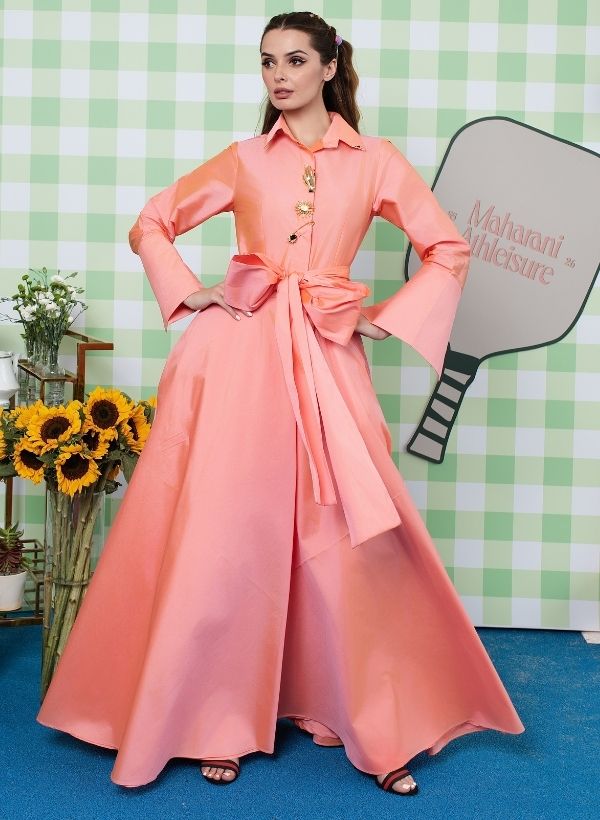 PEACH TAFFETA LONG SHIRT DRESS