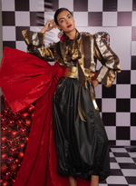 Load image into Gallery viewer, METALLIC STRIPED FRENCH ORGANZA SHIRT  PAIRED WITH A BLACK  LEATHER SKIRT