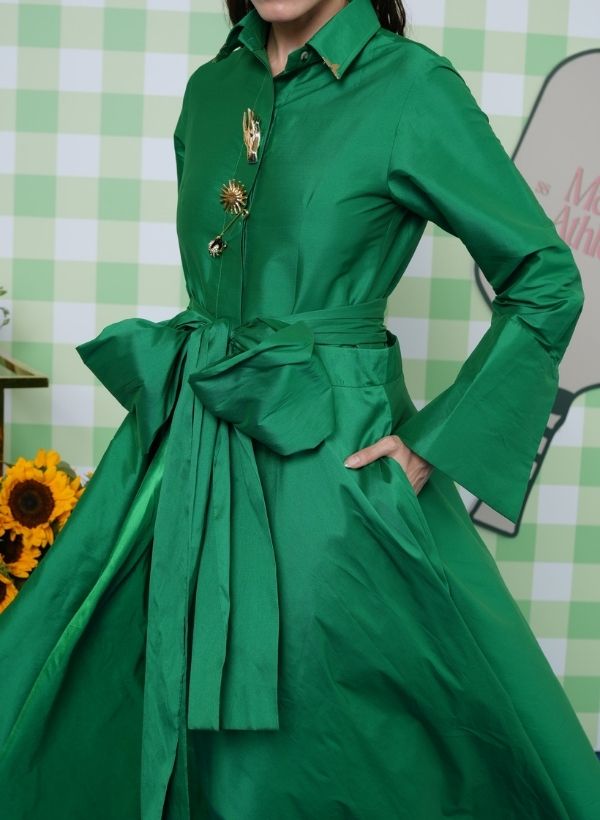 EMERALD GREEN TAFFETA LONG SHIRT DRESS
