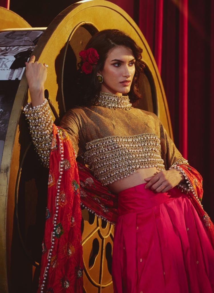 Bejeweled Hot-Pink Pathani Lehenga Set