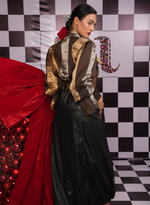 Load image into Gallery viewer, METALLIC STRIPED FRENCH ORGANZA SHIRT  PAIRED WITH A BLACK  LEATHER SKIRT