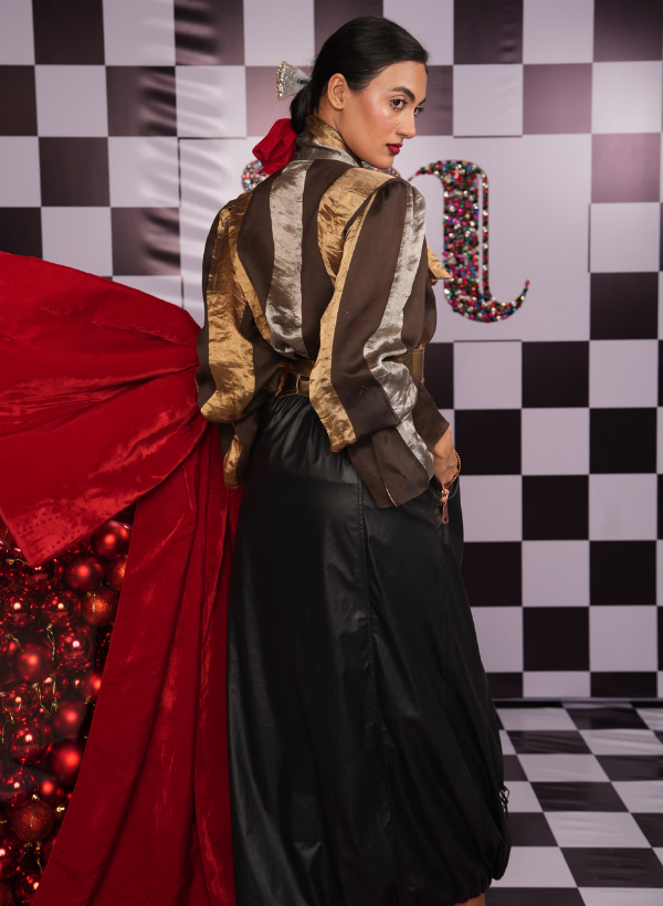 METALLIC STRIPED FRENCH ORGANZA SHIRT  PAIRED WITH A BLACK  LEATHER SKIRT