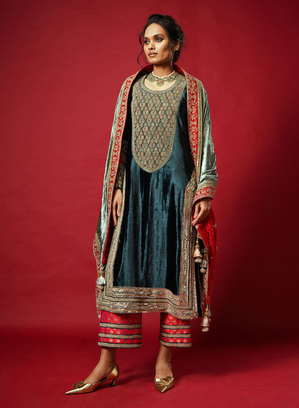 Royal Blue Velvet Long Kurta Set