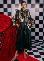 Load image into Gallery viewer, METALLIC STRIPED FRENCH ORGANZA SHIRT  PAIRED WITH A BLACK  LEATHER SKIRT