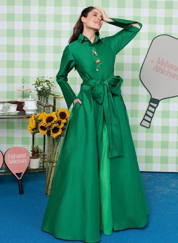 EMERALD GREEN TAFFETA LONG SHIRT DRESS