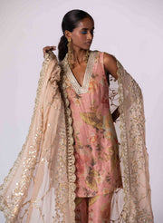 Dusty Rose crushed Silk Floral Kurta Set