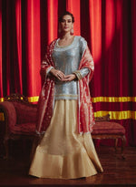 Load image into Gallery viewer, Sky Blue Shimmer Kurta &amp; Tissue Lehenga Set