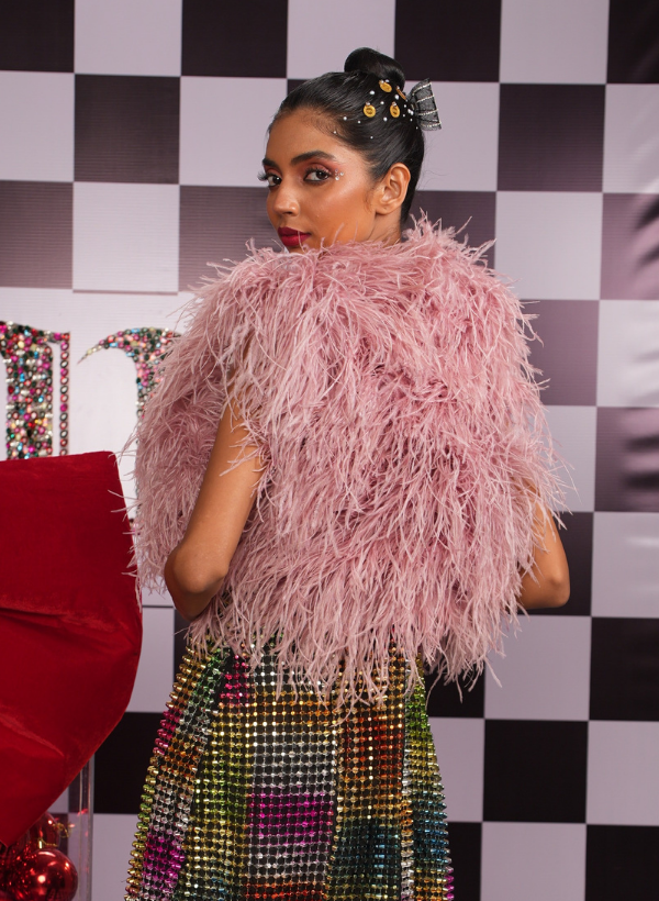 SALMON PINK OSTRICH FEATHER OPEN MINK JACKET