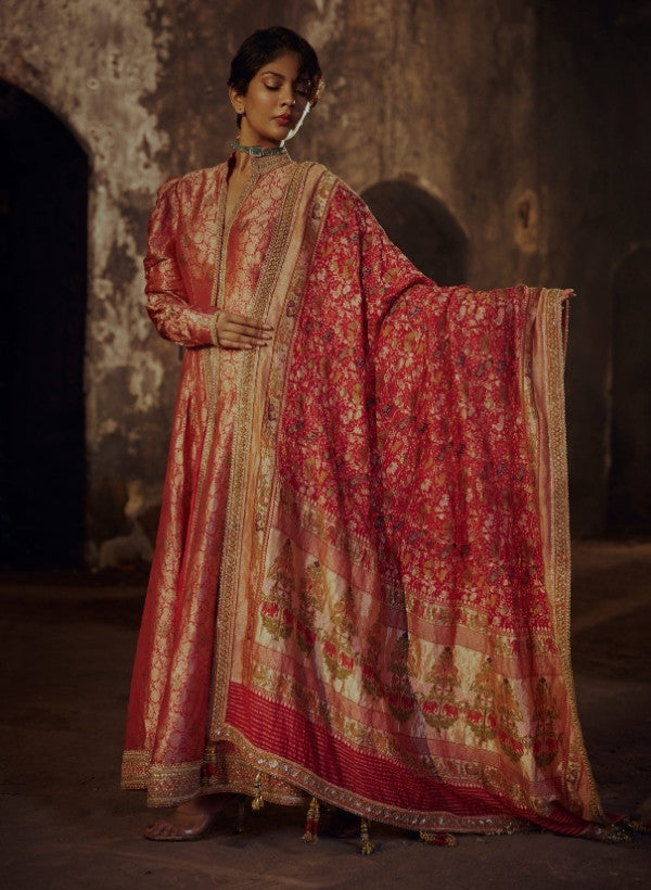 Red Brocade Anarkali Jacket Set