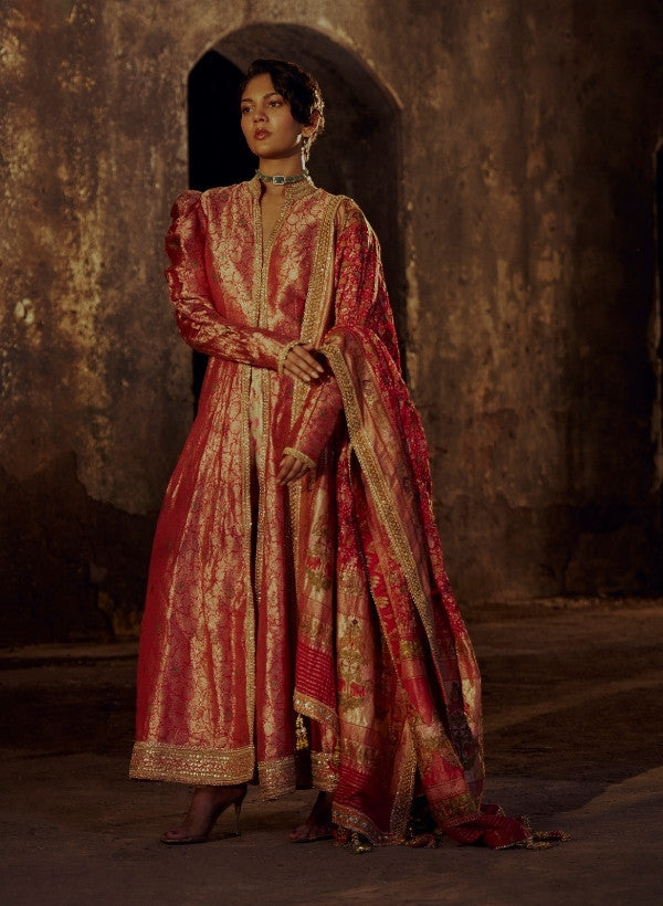 Red Brocade Anarkali Jacket Set