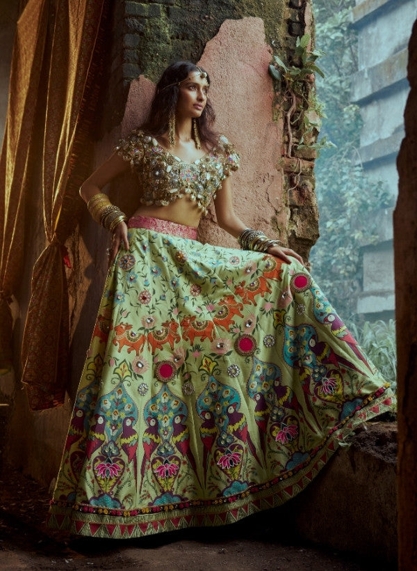 Lime Green Hand-Painted Lehenga Set