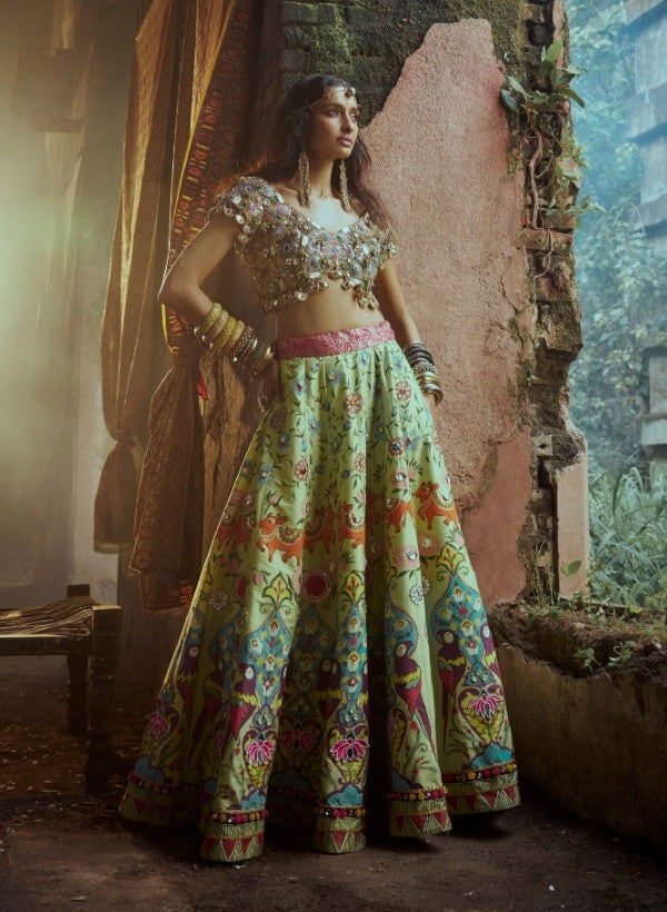 Lime Green Hand-Painted Lehenga Set