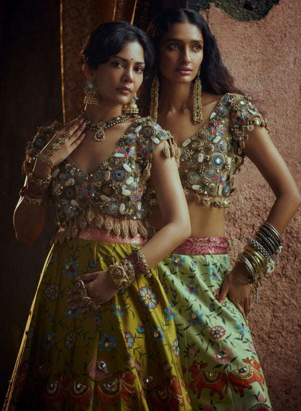 Olive Green Hand-Painted Silk Lehenga Set