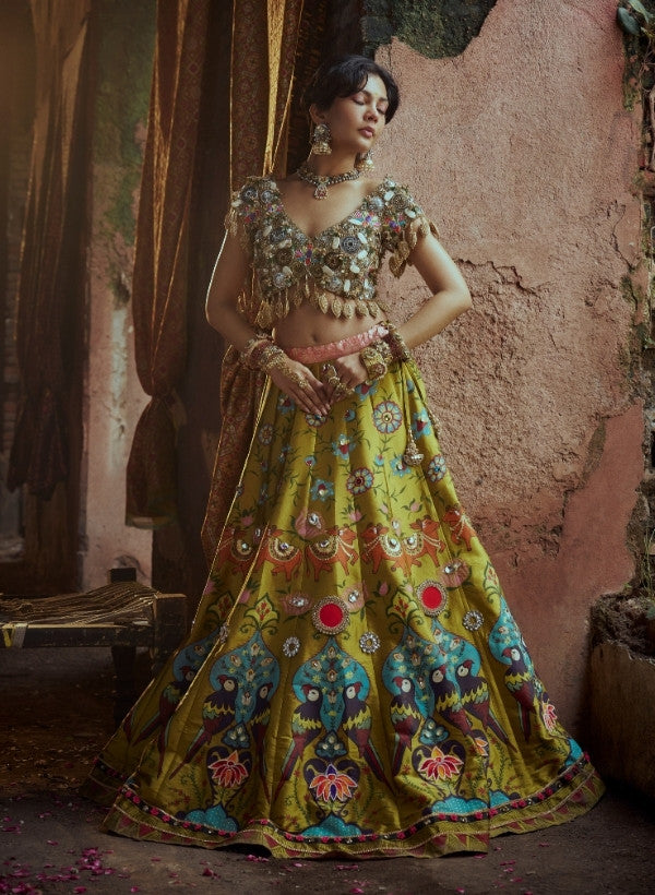 Olive Green Hand-Painted Silk Lehenga Set