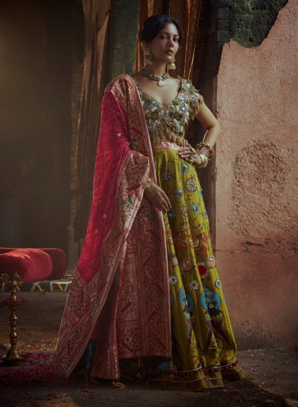 Olive Green Hand-Painted Silk Lehenga Set