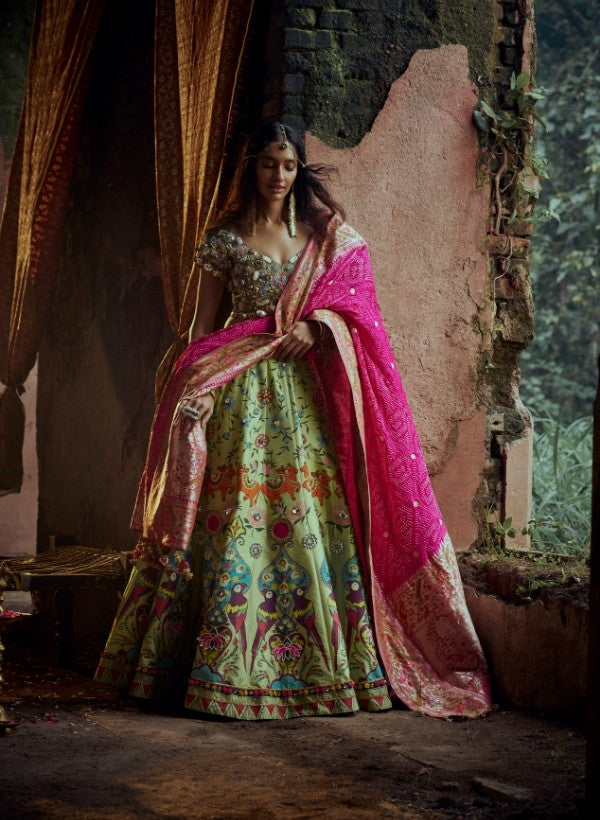 Lime Green Hand-Painted Lehenga Set