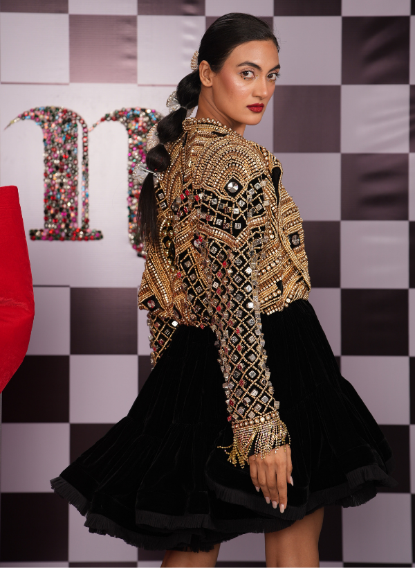 VOLUMINOUS VELVET LBD PAIRED WITH GOLD SWAROVSKI DICE JACKET