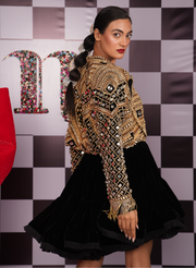 VOLUMINOUS VELVET LBD PAIRED WITH GOLD SWAROVSKI DICE JACKET