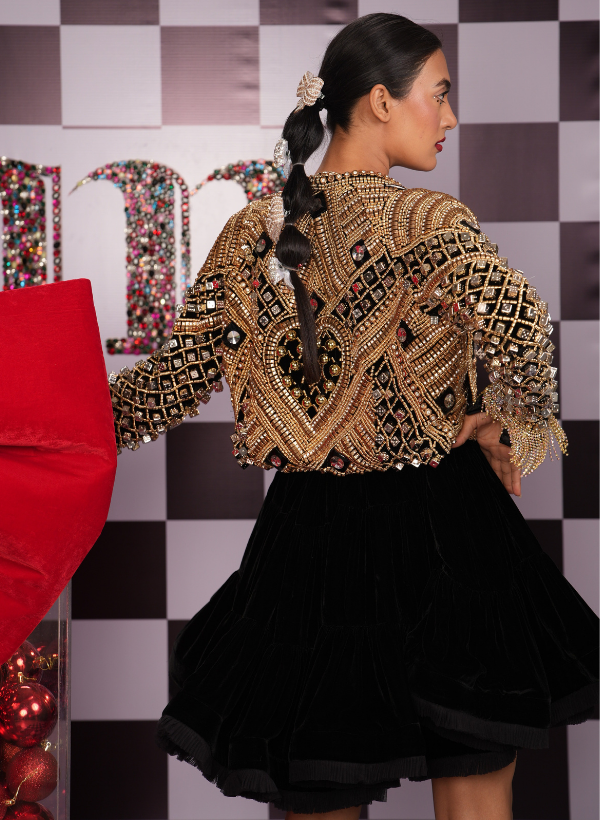 VOLUMINOUS VELVET LBD PAIRED WITH GOLD SWAROVSKI DICE JACKET