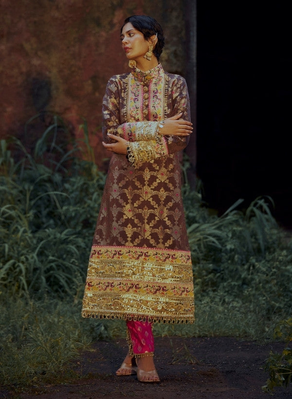 Dark Brown Banarasi Silk Kurta Set