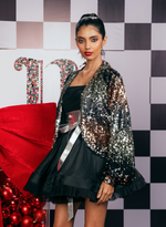 Load image into Gallery viewer, BLACK OFF-SHOULDER SHORT FLARED DRESS PAIRED WITH BLACK &amp; GOLD SEQUIN BOLERO-STYLE OPEN JACKET