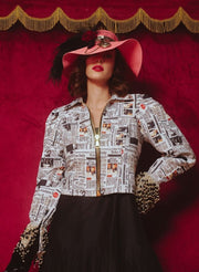 Newspaper Print Jacket & Black Taffeta Dress – Dress